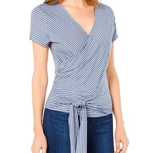 NWT VINCE CAMUTO Romance Blue White stripes short sleeve wrap top blouse XS